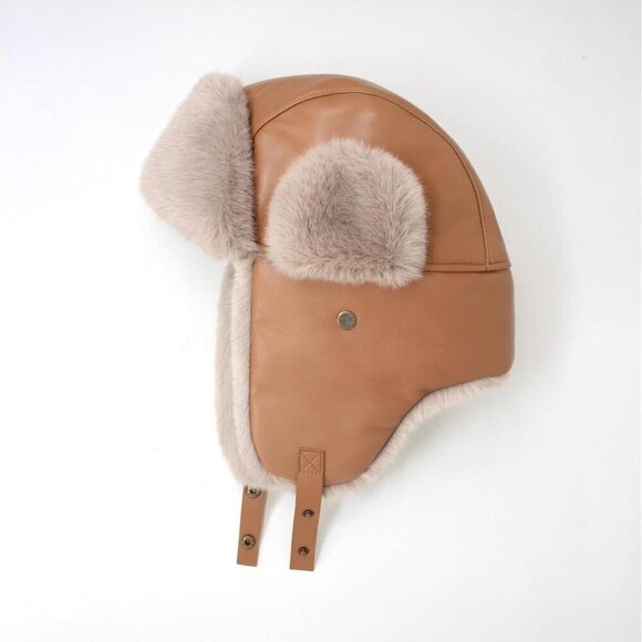 ?Womens Black PU  Leather Trapper Hat with Faux Fur Lining Warm Aviator Hat main image 5